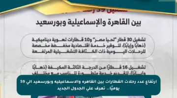 ارتفاع عدد رحلات القطارات بين القاهرة والإسماعيلية وبورسعيد إلى 59 يوميًا.. تعرف على الجدول الجديد